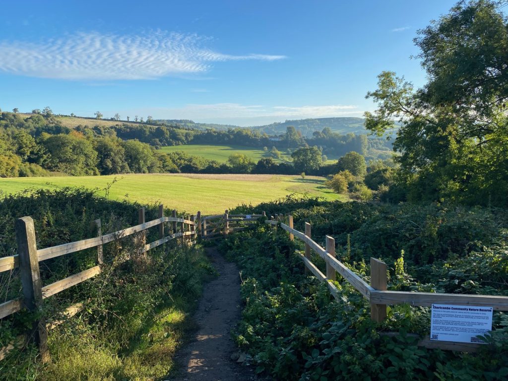 Image of a pathway leading down into a view of green fields at Charlcombe Hill Fields